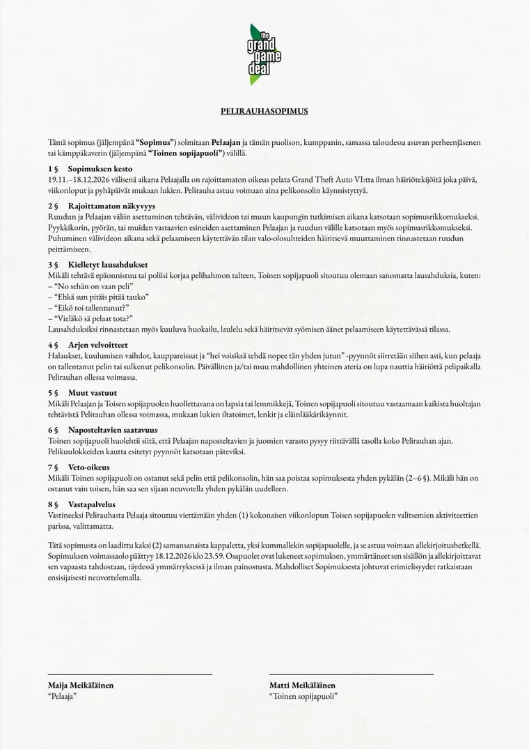 Esikatselu tulostetusta pelirauhasopimuksesta