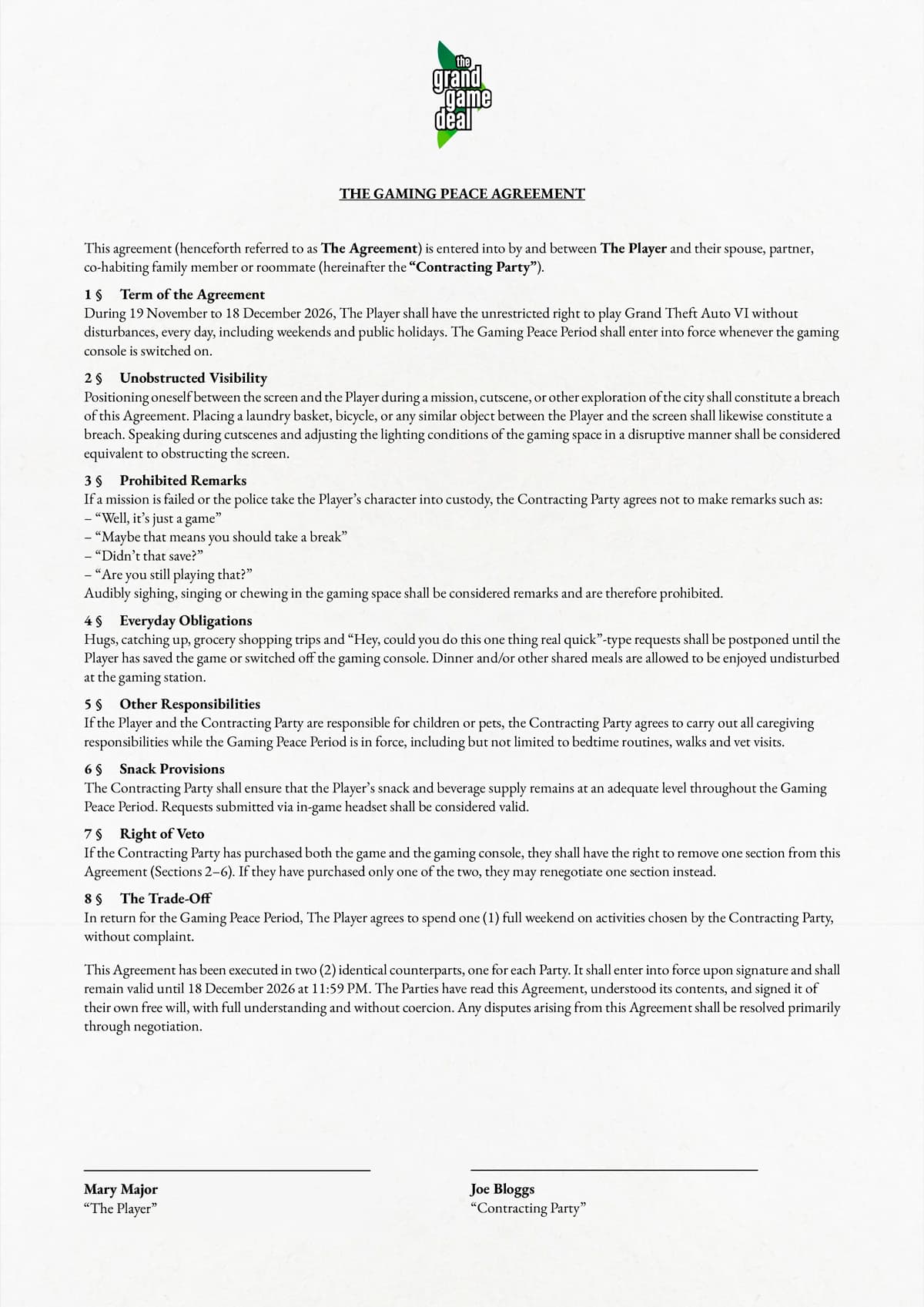 Preview of the printed Gaming Peace Agreement